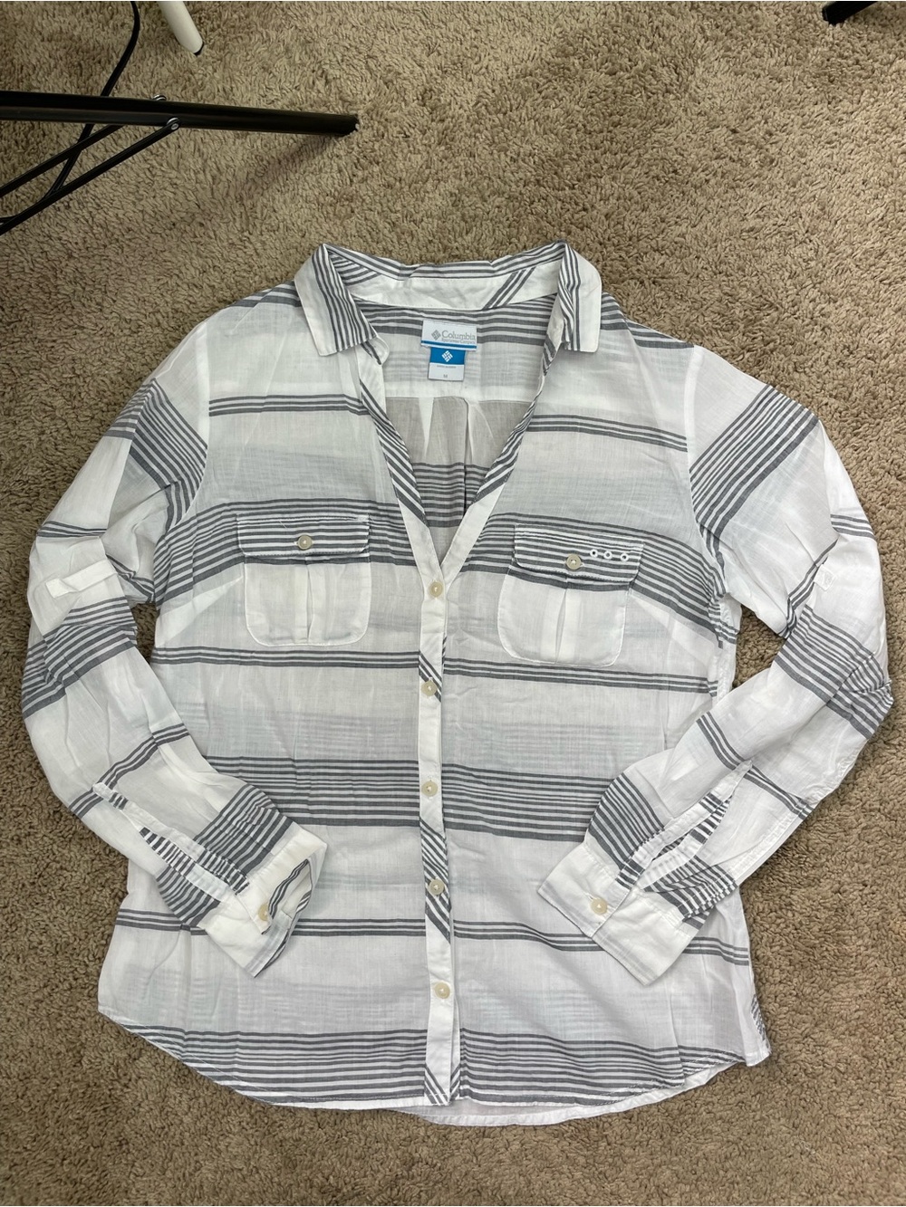 Columbia PFG White and Gray Striped Button-Down Shirt